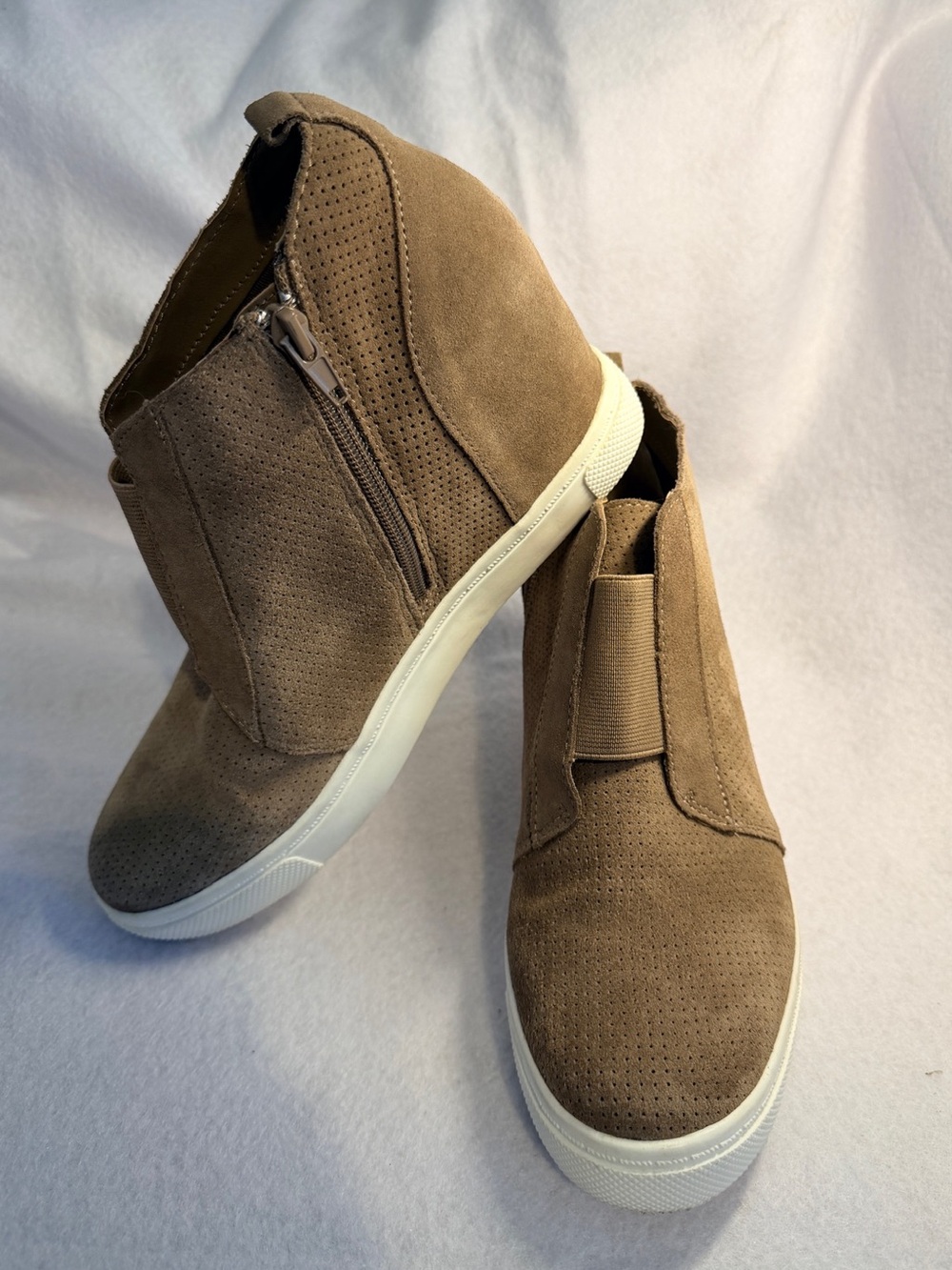 Steve Madden Tan Suede High-Top Wedge Sneakers with White Sole
